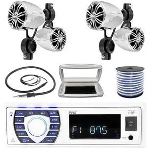 Pyle PLRMR23BTW Single-DIN Bluetooth Marine USB/AUX MP3/SD AM/FM Radio Stereo Receiver W/White Cover, 4x Pyle PLMR22CR 2.25' 10W Max Power Full Range Off-Road Chrome Speakers W/50 Feet Wire, Antenna