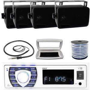 Pyle PLRMR23BTW Single-DIN Bluetooth Marine USB/AUX MP3/SD AM/FM Radio Stereo Receiver W/White Cover, 4x 3.5'' 200W Max Power 3-Way Indoor/Outdoor Wall Mount Black Speakers W/50 Feet Wire, Antenna
