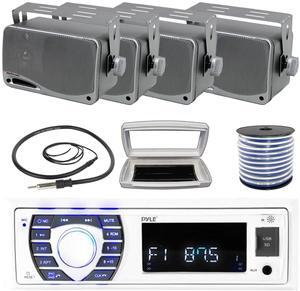 Pyle PLRMR23BTW Single-DIN Bluetooth Marine USB/AUX MP3/SD AM/FM Radio Stereo Receiver W/White Cover, 4x 3.5'' 200W Max Power 3-Way Weather Proof Mini Box Silver Speakers W/50 Feet Wire, Radio Antenna