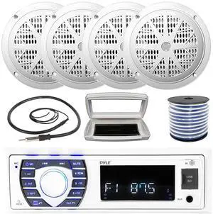 Pyle PLRMR23BTW Single-DIN Bluetooth Marine USB/AUX MP3/SD AM/FM Radio Stereo Receiver W/White Cover, 4x Pyle PLMR41W 4'' 100 Watt Max Power Dual Cone White Speakers W/50 Feet 18 Gauge Wire, Antenna