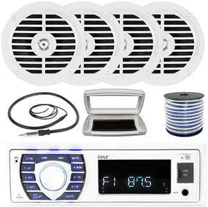 Pyle PLRMR23BTW Single-DIN Bluetooth Marine USB/AUX MP3/SD AM/FM Radio Stereo Receiver W/White Cover, 4x Pyle PLMR57W 5.25" 100W Max Power Dual Cone Full Range White Speakers W/50 Feet Wire, Antenna