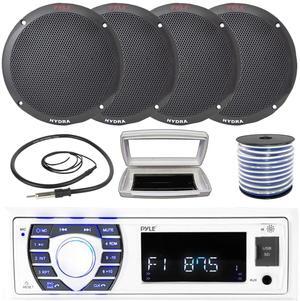 Pyle PLRMR23BTW Single-DIN Bluetooth Marine USB/AUX MP3/SD AM/FM Radio Stereo Receiver W/White Cover, 4x Pyle PLMR605B 6.5'' 400W Max Power Dual Cone 2-way Full Range Speakers W/50 Feet Wire, Antenna