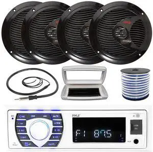Pyle PLRMR23BTW Single-DIN Bluetooth Marine USB/AUX MP3/SD AM/FM Radio Stereo Receiver W/White Cover, 4x Pyle PLMR60B 6.5" 150W Max Power Full Range Dual Cone Black Speakers W/50 Feet Wire, Antenna