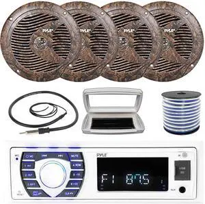 Pyle PLRMR23BTW Single-DIN Bluetooth Marine USB/AUX MP3/SD AM/FM Radio Stereo Receiver W/White Cover, 4x 6.5'' 150W Max Power Full Range Camouflage Waterproof Speakers W/50 Feet Wire, Radio Antenna