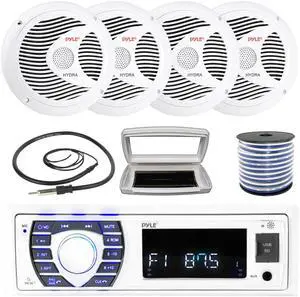 Pyle PLRMR23BTW Single-DIN Bluetooth Marine USB/AUX MP3/SD AM/FM Radio Stereo Receiver W/White Cover, 4x Pyle PLMR60W 6.5" 150W Max Power Full Range Dual Cone White Speakers W/50 Feet Wire, Antenna