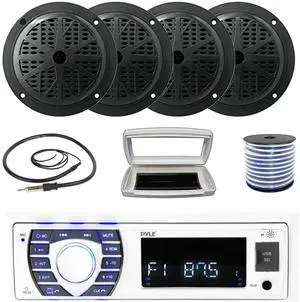 Pyle PLRMR23BTW Single-DIN Bluetooth Marine USB/AUX MP3/SD AM/FM Radio Stereo Receiver W/White Cover, 4x Pyle PLMR61B 6.5'' 120W Max Power Dual Cone Boat Audio Black Speakers W/50 Feet Wire, Antenna