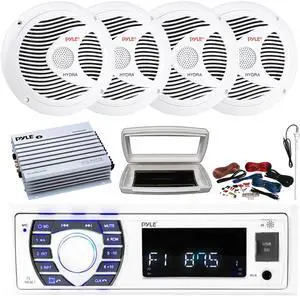 Pyle PLRMR23BTW Single-DIN Bluetooth Marine USB/AUX MP3/SD AM/FM Radio Stereo Receiver W/White Cover, 4x 6.5" 150W Max Power Full Range Dual Cone White Speakers, 4 Channel Amplifier W/Kit, Antenna