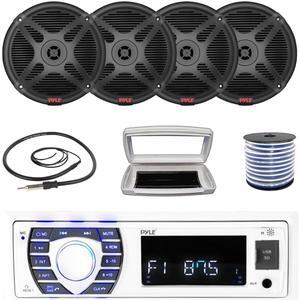 Pyle PLRMR23BTW Single-DIN Bluetooth Marine USB/AUX MP3/SD AM/FM Radio Stereo Receiver W/White Cover, 4x 6.5" 600 Watt Max Power Marine 2-Way Coaxial Full-Range Black Speakers W/50 Feet Wire, Antenna