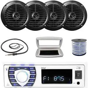 Pyle PLRMR23BTW Single-DIN Bluetooth Marine USB/AUX MP3/SD AM/FM Radio Stereo Receiver W/White Cover, 4x Pyle PLMR67B 6.5'' 120W Max Power Dual Cone Waterproof Black Speakers W/50 Feet Wire, Antenna