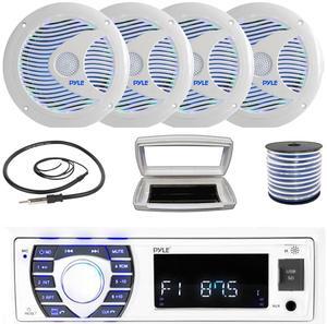 Pyle PLRMR23BTW Single-DIN Bluetooth Marine USB/AUX MP3/SD AM/FM Radio Stereo Receiver W/White Cover, 4x 6.5'' 150 Watt Max Power Dual Cone RGB LED Boat White Speakers W/50 Feet Wire, Radio Antenna