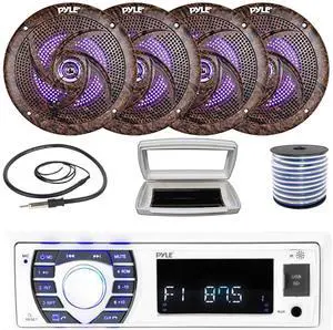 Pyle PLRMR23BTW Single-DIN Bluetooth Marine USB/AUX MP3/SD AM/FM Radio Stereo Receiver W/White Cover, 4x 6.5'' 240W Max Power Low Profile Slim Style Blue LED Speakers W/50 Feet Wire, Radio Antenna