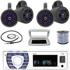 Pyle PLRMR23BTW Single-DIN Bluetooth Marine USB/AUX MP3/SD AM/FM Radio Stereo Receiver W/White Cover, 4x 4" 300W Max Power Waterproof Marine Wakeboard LED Tower Black Speakers W/50 Feet Wire, Antenna