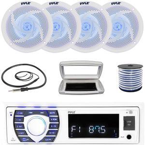Pyle PLRMR23BTW Single-DIN Bluetooth Marine USB/AUX MP3/SD AM/FM Radio Stereo Receiver W/White Cover, 4x 4" 100W Max Power Low Profile 2-Way Blue LED Boat Audio White Speakers W/50 Feet Wire, Antenna