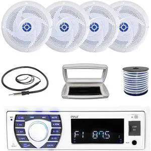 Pyle PLRMR23BTW Single-DIN Bluetooth Marine USB/AUX MP3/SD AM/FM Radio Stereo Receiver W/White Cover, 4x 6'' 240 Watt Max Power Low Profile 2-Way Blue LED Boat White Speakers W/50 Feet Wire, Antenna