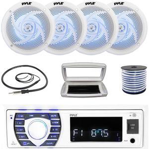 Pyle PLRMR23BTW Single-DIN Bluetooth Marine USB/AUX MP3/SD AM/FM Radio Stereo Receiver W/White Cover, 4x 6.5" 240W Max Power Low-Profile 2-Way Blue LED Audio White Speakers W/50 Feet Wire, Antenna