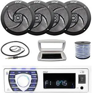 Pyle PLRMR23BTW Single-DIN Bluetooth Marine USB/AUX MP3/SD AM/FM Radio Stereo Receiver W/White Cover, 4x Pyle PLMRS6B 6'' 240W Max Power Low Profile 2-Way Boat Black Speakers W/50 Feet Wire, Antenna
