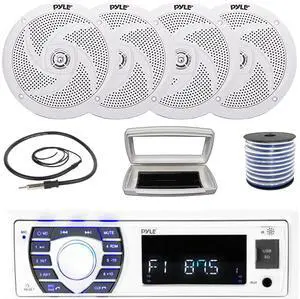 Pyle PLRMR23BTW Single-DIN Bluetooth Marine USB/AUX MP3/SD AM/FM Radio Stereo Receiver W/White Cover, 4x Pyle PLMRS6W 6'' 240W Max Power Low Profile 2-Way Boat White Speakers W/50 Feet Wire, Antenna