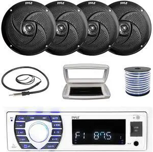 Pyle PLRMR23BTW Single-DIN Bluetooth Marine USB/AUX MP3/SD AM/FM Radio Stereo Receiver W/White Cover, 4x Pyle PLMRS8B 8'' 320W Max Power Low Profile 2-Way Boat Black Speakers W/50 Feet Wire, Antenna