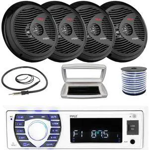 Pyle PLRMR23BTW Single-DIN Bluetooth Marine USB/AUX MP3/SD AM/FM Radio Stereo Receiver W/White Cover, 4x 8'' 180 Watt Max Power Waterproof Full Range Stereo Black Speakers W/50 Feet Wire, Antenna