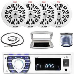 Pyle PLRMR23BTW Single-DIN Bluetooth Marine USB/AUX MP3/SD AM/FM Radio Stereo Receiver W/White Cover, 4x Pyle PLMR82 8" 300W Max Power 2-Way Boat White Speakers W/50 Feet 18G Wire, 22" Radio Antenna