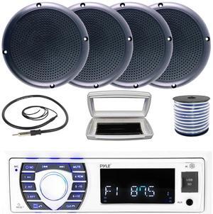 Pyle PLRMR23BTW Single-DIN Bluetooth Marine USB/AUX MP3/SD AM/FM Radio Stereo Receiver W/White Cover, 4x Connexx SPM5B 5.25" 20 Watts RMS Polycone Audio Black Boat Speakers W/50 Feet Wire, Antenna