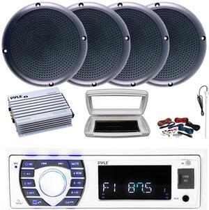 Pyle PLRMR23BTW Single-DIN Bluetooth Marine USB/AUX MP3/SD AM/FM Radio Stereo Receiver W/White Cover, 4x Connexx SPM5B 5.25" 20W RMS Polycone Black Boat Speakers, 4 Channel Amplifier W/Kit, Antenna