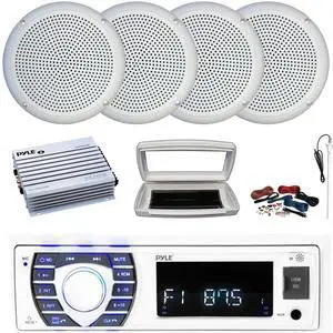 Pyle PLRMR23BTW Single-DIN Bluetooth Marine USB/AUX MP3/SD AM/FM Radio Stereo Receiver W/White Cover, 4x Connexx SPM5C 5.25" 20W RMS Polycone White Boat Speakers, 4 Channel Amplifier W/Kit, Antenna