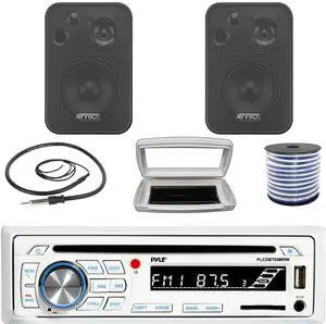 Pyle PLCDBT65 Single-DIN Marine Bluetooth USB/AUX CD Player AM/FM Stereo Receiver W/White Cover, 2x Enrock EKMR408B 4" 30W Max Power 3-Way In Door/Out Door Black Speakers W/50 Feet 18G Wire, Antenna