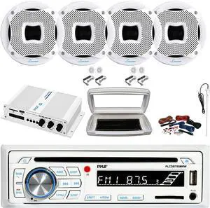 Pyle PLCDBT65 Single-DIN Marine Bluetooth USB/AUX CD Player AM/FM Stereo Receiver W/White Cover, 4x 6.5" 450W Max Power 2-Way Component White Boat Speakers, 4 Channel 400W Max Amplifier W/Kit, Antenna