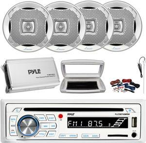 Pyle PLCDBT65 Single-DIN Marine Bluetooth USB/AUX CD Player AM/FM Stereo Receiver W/White Cover, 4x 6.5" 400W Max Power 2-Way Indoor/Outdoor Silver Speakers, 4 Channel Class D Amplifier W/Kit, Antenna