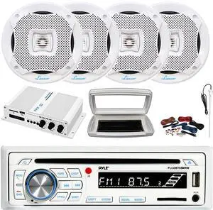 Pyle PLCDBT65 Single-DIN Marine Bluetooth USB/AUX CD Player AM/FM Stereo Receiver W/White Cover, 4x 6.5 400 Watt Max Power 2-Way Full-Range White Speakers, 4 Channel 400W Max Amplifier W/Kit, Antenna