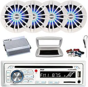 Pyle PLCDBT65 Single-DIN Marine Bluetooth USB/AUX CD Player AM/FM Stereo Receiver W/White Cover, 4x 6.5" 180W Max Power 2-Way Blue LED White Boat Speakers, 4 Channel 400W Max Amplifier W/Kit, Antenna