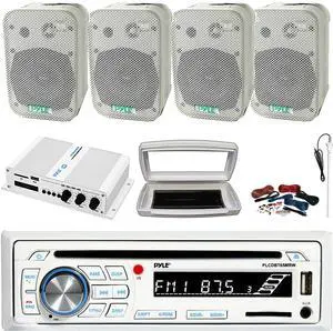 Pyle PLCDBT65 Single-DIN Marine Bluetooth USB/AUX CD Player AM/FM Stereo Receiver W/White Cover, 4x 5.25" 400W Max Indoor/Outdoor White Boat Speakers, 4 Channel 400W Max Amplifier W/Kit, Radio Antenna