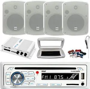 Pyle PLCDBT65 Single-DIN Marine Bluetooth USB/AUX CD Player AM/FM Stereo Receiver W/White Cover, 4x 5.25" 800W Max Power Indoor/Outdoor White Boat Speakers, 4 Channel Amplifier W/Kit, Radio Antenna