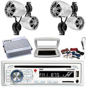 Pyle PLCDBT65 Single-DIN Marine Bluetooth USB/AUX CD Player AM/FM Stereo Receiver W/White Cover, 4x 2.25' 10W Max Full Range Off-Road Chrome Speakers, 4 Channel 400W Max Amplifier W/Kit, Antenna