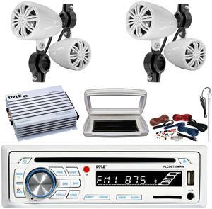 Pyle PLCDBT65 Single-DIN Marine Bluetooth USB/AUX CD Player AM/FM Stereo Receiver W/White Cover, 4x 2.25' 10W Max Power Full Range Off-Road White Speakers, 4 Channel 400W Max Amplifier W/Kit, Antenna