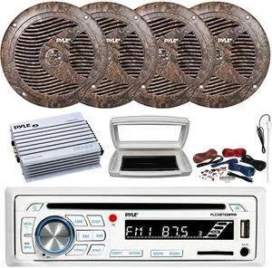 Pyle PLCDBT65 Single-DIN Marine Bluetooth USB/AUX CD Player AM/FM Stereo Receiver W/White Cover, 4x 6.5'' 150W Max Power Full Range Camouflage Speakers, 4 Channel 400W Max Amplifier W/Kit, Antenna