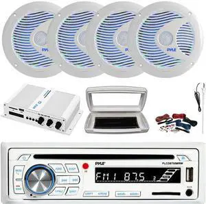 Pyle PLCDBT65 Single-DIN Marine Bluetooth USB/AUX CD Player AM/FM Stereo Receiver W/White Cover, 4x 6.5'' 150W Max Power Dual Cone RGB LED White Speakers, 4 Channel 400W Max Amplifier W/Kit, Antenna
