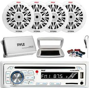 Pyle PLCDBT65 Single-DIN Marine Bluetooth USB/AUX CD Player AM/FM Stereo Receiver W/White Cover, 4x 8" 300W Max Power 2-Way Boat White Speakers, 4 Channel Amplifier W/Kit, Long Range Radio Antenna