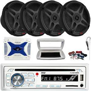 Pyle PLCDBT65 Single-DIN Marine Bluetooth USB/AUX CD Player AM/FM Stereo Receiver W/White Cover, 4x 6.5" 600W Max Power Dual 2-way Coaxial Range Speakers, 4 Channel 1000W Max Amplifier W/Kit, Antenna
