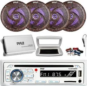 Pyle PLCDBT65 Single-DIN Marine Bluetooth USB/AUX CD Player AM/FM Stereo Receiver W/White Cover, 4x 6.5'' 240W Max Power Low Profile Blue LED Camouflage Speakers, 4 Channel Amplifier W/Kit, Antenna