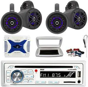 Pyle PLCDBT65 Single-DIN Marine Bluetooth USB/AUX CD Player AM/FM Stereo Receiver W/White Cover, 4x 4" 300W Max Power Wakeboard LED Tower Black Speakers, 4 Channel 1000W Max Amplifier W/Kit, Antenna