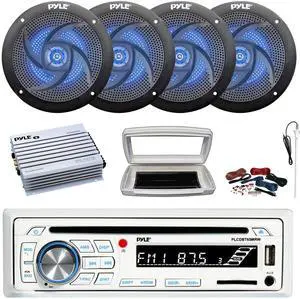 Pyle PLCDBT65 Single-DIN Marine Bluetooth USB/AUX CD Player AM/FM Stereo Receiver W/White Cover, 4x 4" 100W Max Low-Profile Slim Style Blue LED Speakers, 4 Channel 400W Max Amplifier W/Kit, Antenna