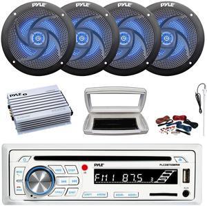 Pyle PLCDBT65 Single-DIN Marine Bluetooth USB/AUX CD Player AM/FM Stereo Receiver W/White Cover, 4x 4" 100W Max Power 2-Way Low Profile Blue LED Speakers, 4 Channel 400W Max Amplifier W/Kit, Antenna