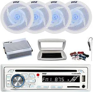 Pyle PLCDBT65 Single-DIN Marine Bluetooth USB/AUX CD Player AM/FM Stereo Receiver W/White Cover, 4x 4" 100W Max Power Low Profile 2-Way Blue LED Speakers, 4 Channel 400W Max Amplifier W/Kit, Antenna
