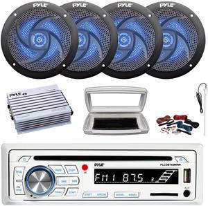 Pyle PLCDBT65 Single-DIN Marine Bluetooth USB/AUX CD Player AM/FM Stereo Receiver W/White Cover, 4x 5.25" 180W Max 2-Way Low Profile Blue LED Boat Speakers, 4 Channel 400W Max Amplifier W/Kit, Antenna