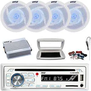Pyle PLCDBT65 Single-DIN Marine Bluetooth USB/AUX CD Player AM/FM Stereo Receiver W/White Cover, 4x 5.25" 180W Max Power 2-Way Blue LED White Boat Speakers, 4 Channel 400W Max Amplifier W/Kit, Antenna