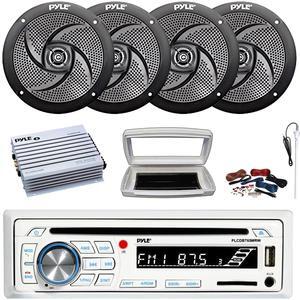 Pyle PLCDBT65 Single-DIN Marine Bluetooth USB/AUX CD Player AM/FM Stereo Receiver W/White Cover, 4x 5.25" 180W Max Power 2-Way Low Profile Black Speakers, 4 Channel 400W Max Amplifier W/Kit, Antenna