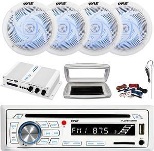 Pyle PLCDBT65 Single-DIN Marine Bluetooth USB/AUX CD Player AM/FM Stereo Receiver W/White Cover, 4x 6.5" 240W Max Power 2-Way Blue LED Audio White Speakers, 4 Channel 400W Max Amplifier W/Kit, Antenna