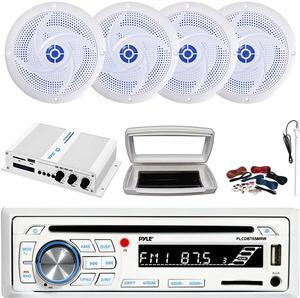 Pyle PLCDBT65 Single-DIN Marine Bluetooth USB/AUX CD Player AM/FM Stereo Receiver W/White Cover, 4x 6'' 240W Max Power 2-Way Blue LED Boat White Speakers, 4 Channel 400W Max Amplifier W/Kit, Antenna